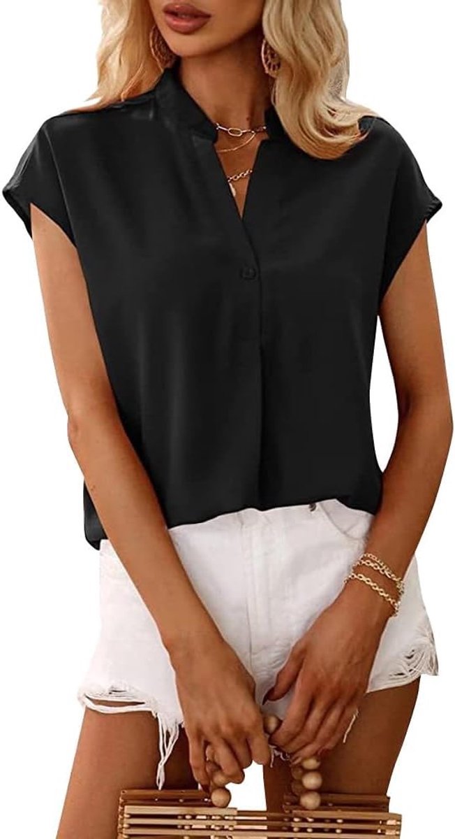 T-shirt met korte mouwen voor dames, blouse, V-hals, mouwen, chiffon, hemd, T-shirt, elegant, casual, losse pasvorm, bovenstuk, blouses, effen shirt, zomer