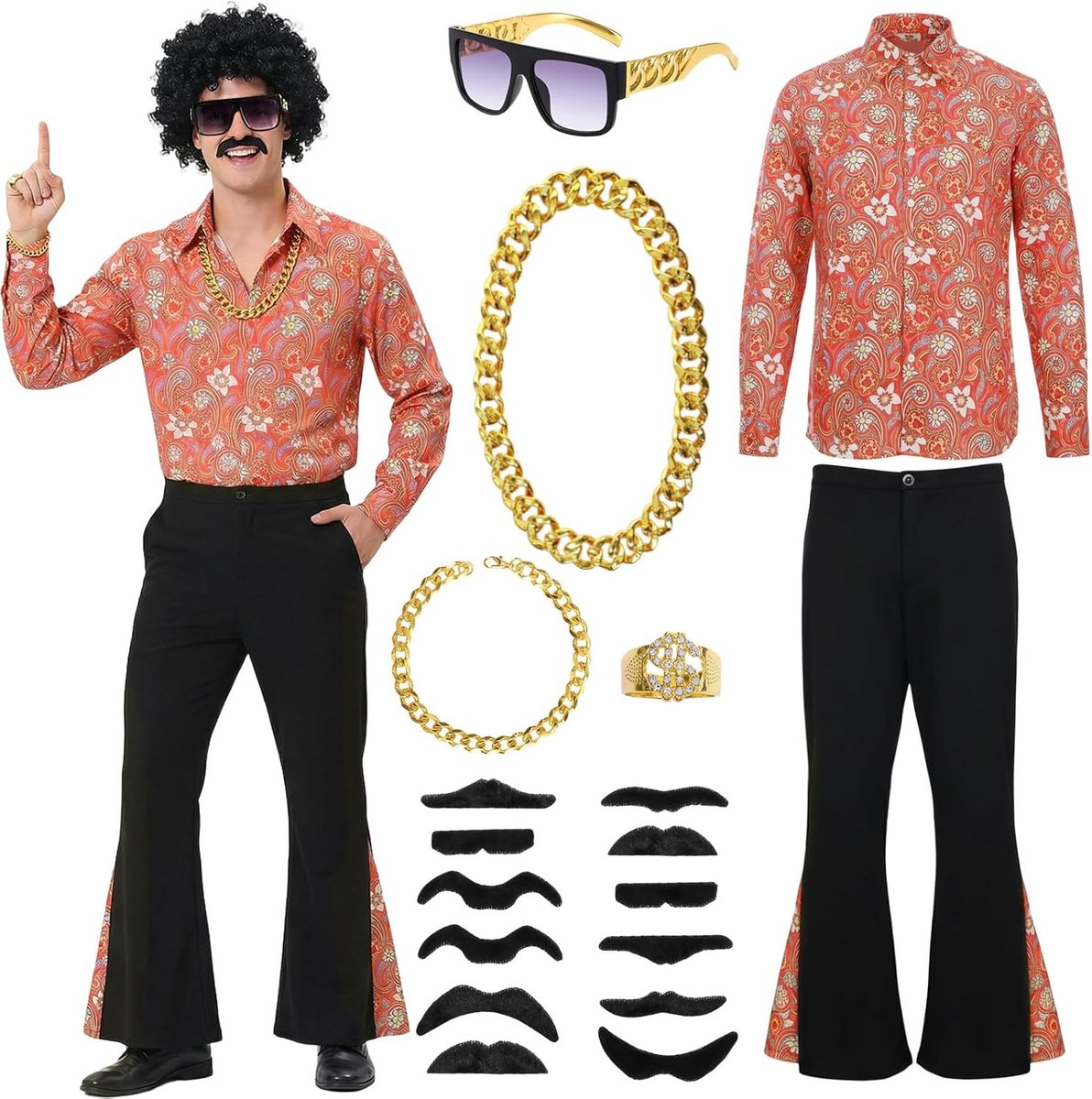 Jaren 70-kostuum voor heren, 18-delig hippiekostuum voor mannen, set, disco, carnaval, feestkostuum voor heren, met hemd, voor jaren '70-party, carnavalskostuum, themafeest