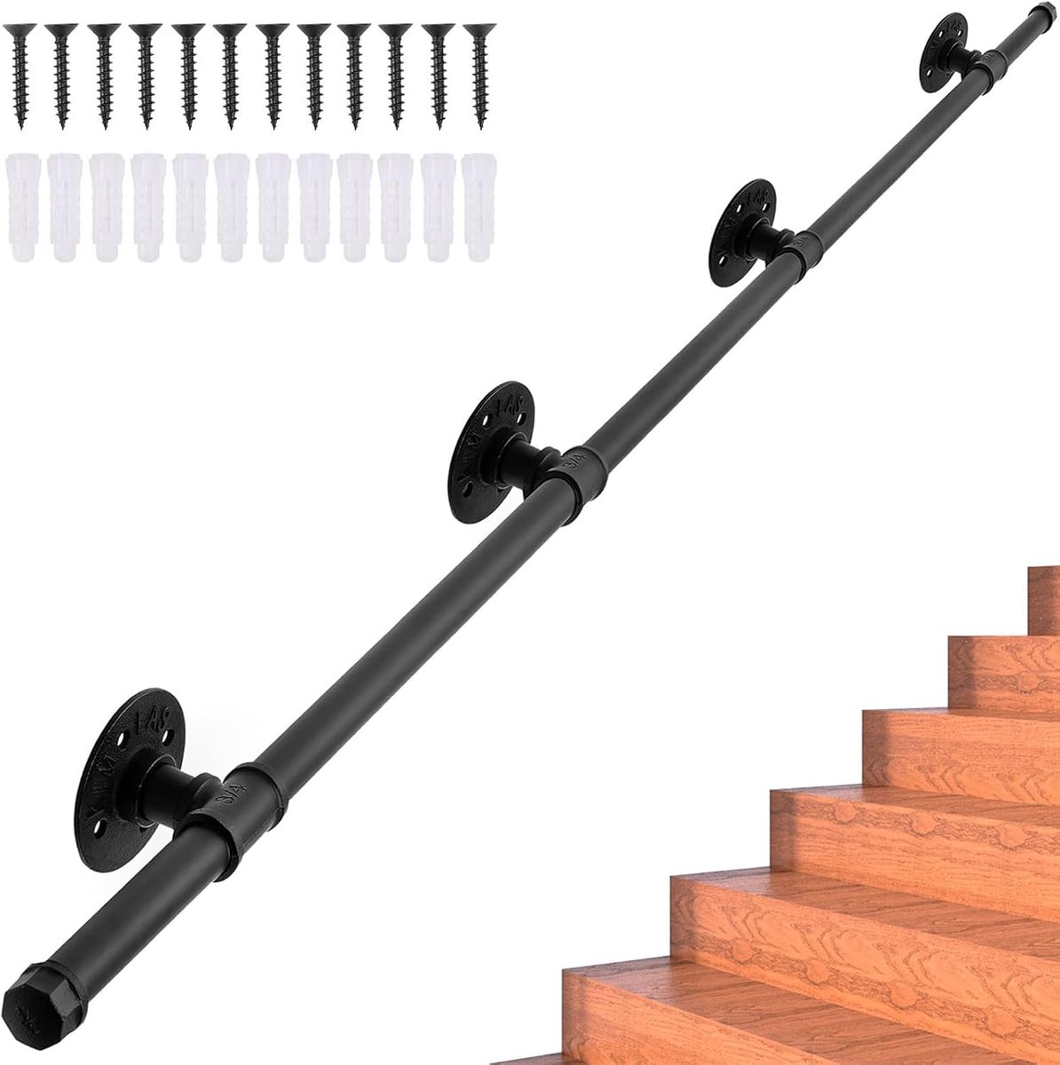 3M Magtctyae Zwart Metalen Trap Leuning - Industriële Pijp voor Outdoor Bannister Rail met Fittings Muurmontage