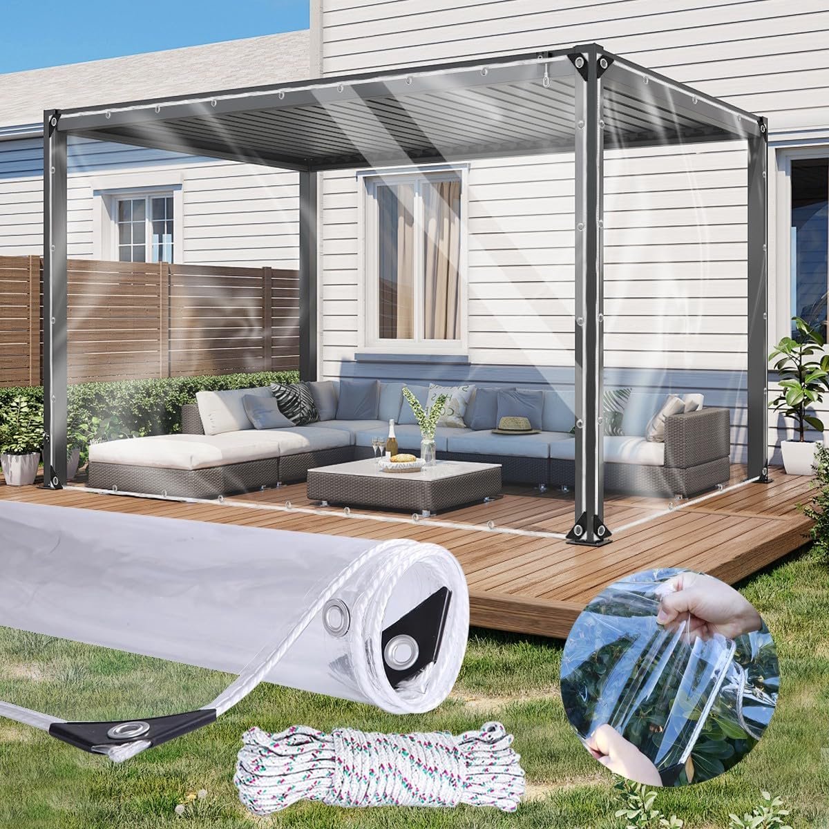 Zeil met ingestanste ringen, waterdicht EVA-zeil, 0,30 mm, 3 x 4 m, transparant dekzeil, weerbestendig, scheurvast, 300 g/m², voor buiten, gordijnen, paviljoen, carport, dak, terrassen