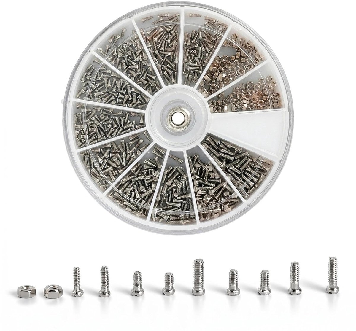 600 stuks mini-schroevenset met moeren, 12 soorten M1, M1.2, M1.4, M1.6 | Micro brilschroeven, kleine schroeven, roestvrij staal, voor reparatie van laptops, horloges, brillen