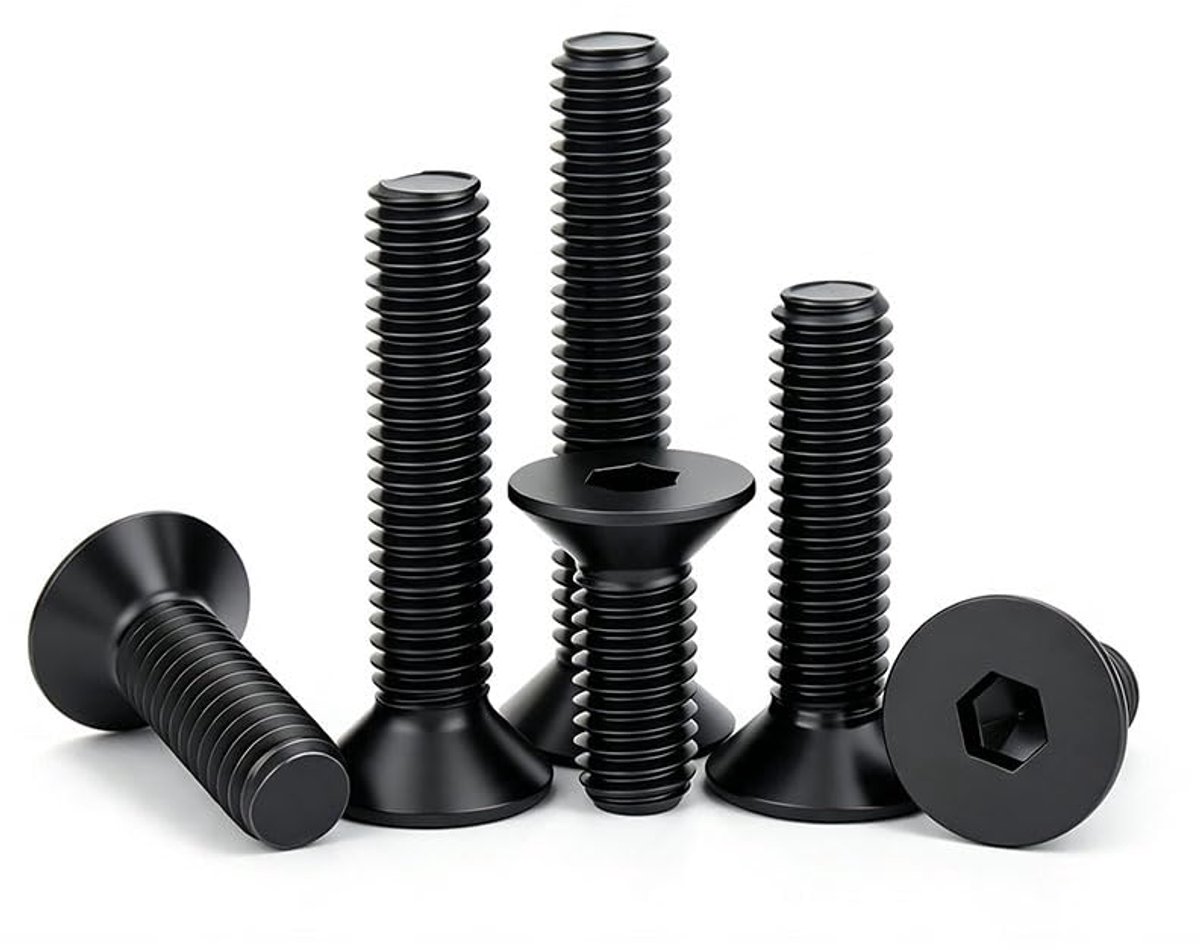 50 stuks platte kopschroeven, schroefdraad, zwart, verzonken (M4x8) | Ontwerp met platte groef, zeskantaandrijving, volledige schroefdraad, gladde zwarte afwerking, bevestiging