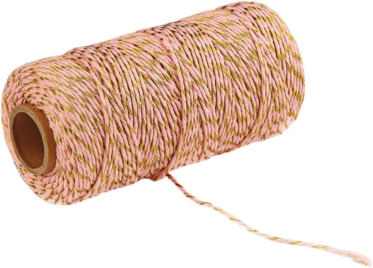100 m/2 mm katoenen koord, 1 rol bakkersbindgaren, knutselkoord, decoratief koord, katoenen touw, handwerk, breitouw voor geschenkverpakkingen, handwerk, tuinieren, goudroze