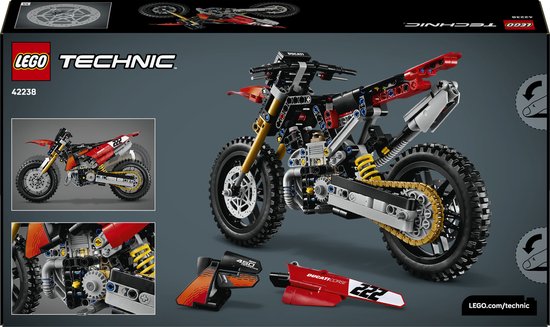 LEGO Technic Ducati motorfiets met rode en zwarte carrosserie, gouden voorvork en gedetailleerde motor.