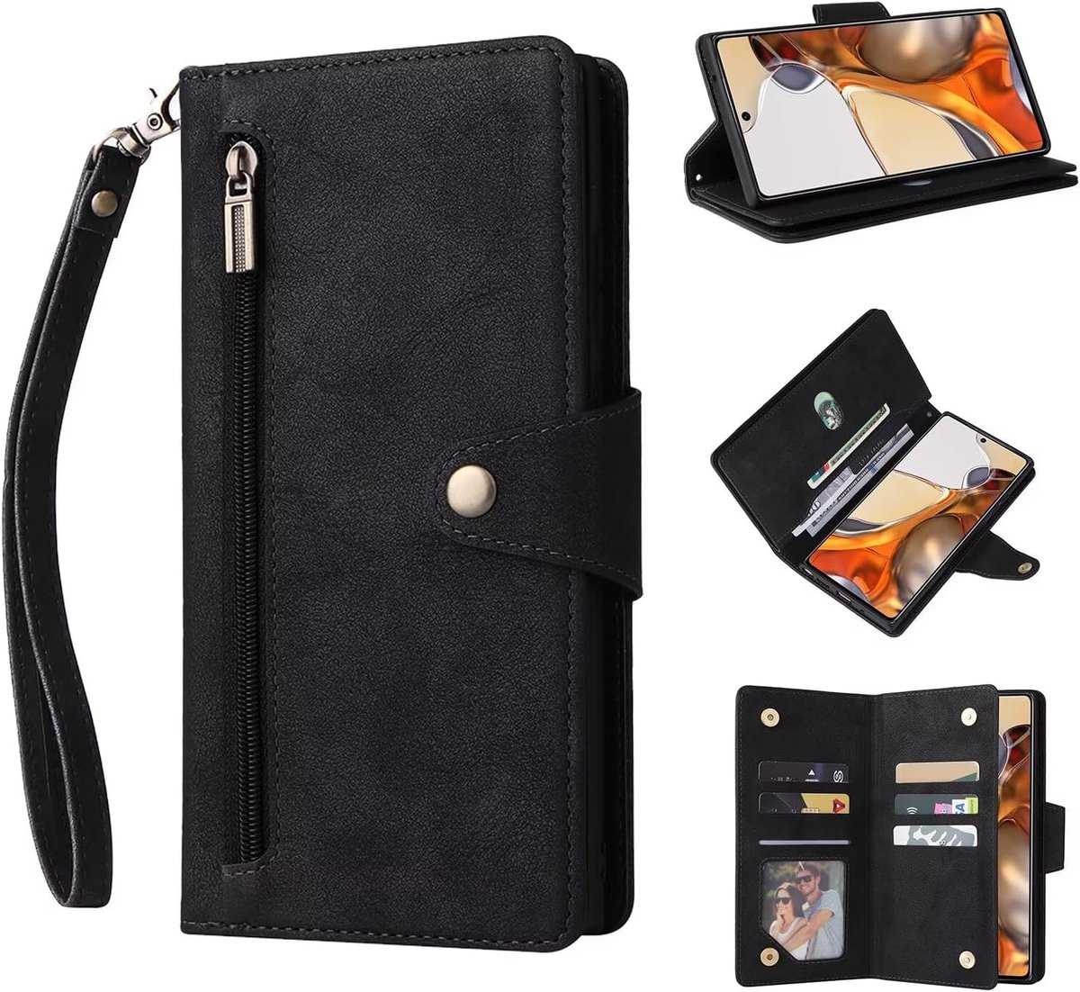 Leren Hoesje voor Google Pixel 10/10 Pro/9/9 Pro,Hoogwaardige lederen Shockproof Rits Portemonnee Flip Telefoongevallen met Kaartsleuven,Stand Functie,magnetische sluiting -zwart