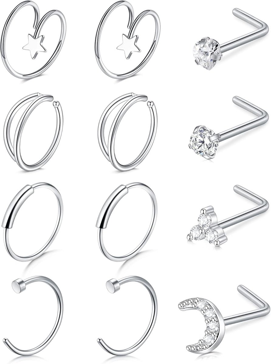 Neusstekers Piercing Neusstekers 18G 20G Set Chirurgisch Staal Neus Schroef Studs Neusgat Piercing Met CZ Opaal Lip Helix Tragus Neus Neusgat Piercing Retainer voor Vrouwen Mannen Zilver Rose