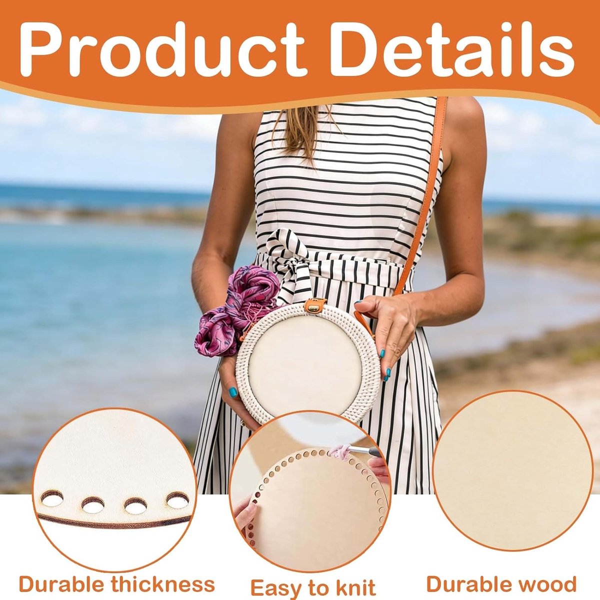 Haak Houten Basis Set 8 Stuks Ø10 cm & Ø15 cm, Houten Bodem voor Haken met Gaten, DIY Mand en Tas Bodem, Inclusief Haaknaald en Markeerders, Accessoires voor Beginners en Gevorderden