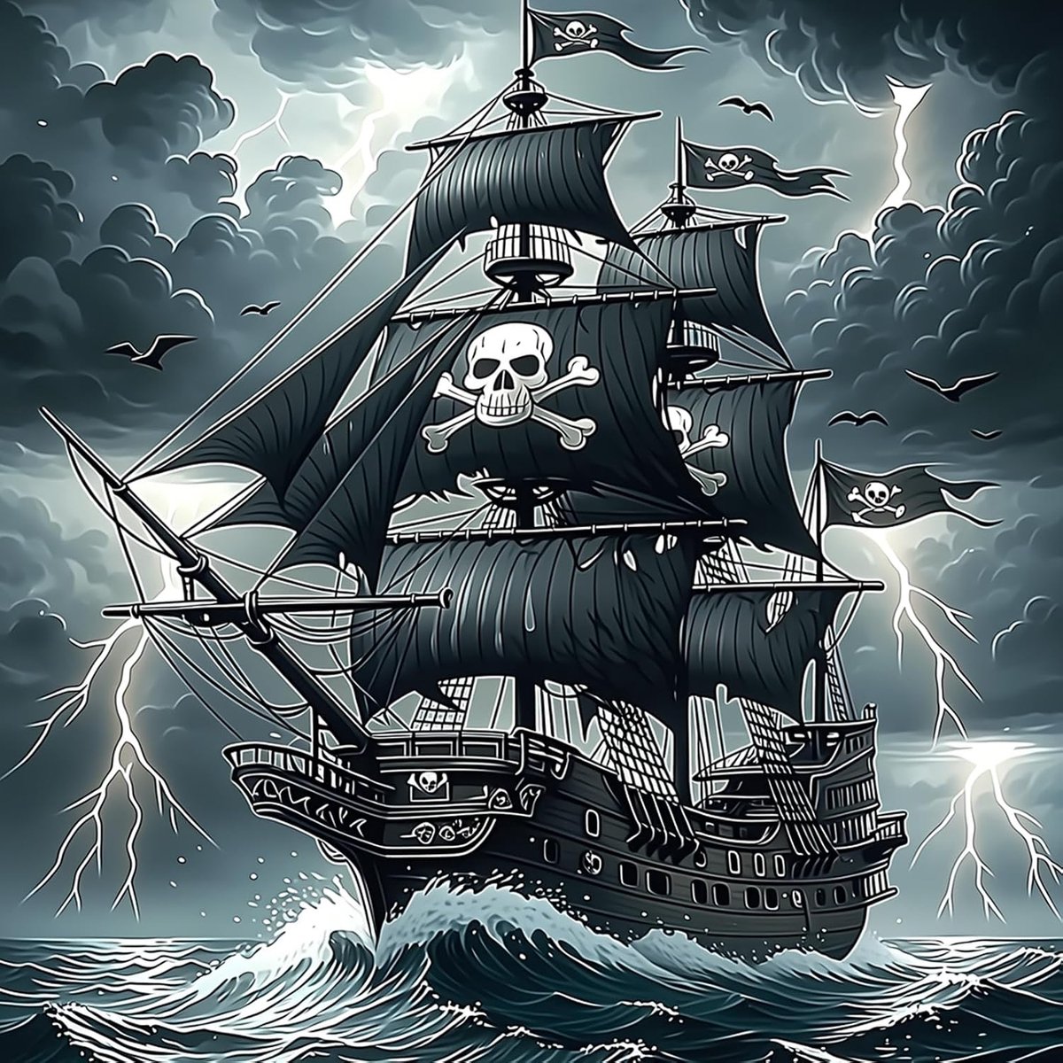 Piratenschip diamantschilderij, zee in storm, diamond painting kit voor volwassenen, doodshoofd 5D ronde diamanten kunst borduurwerk, complete set, muur slaapkamer decor 30 x 30 cm
