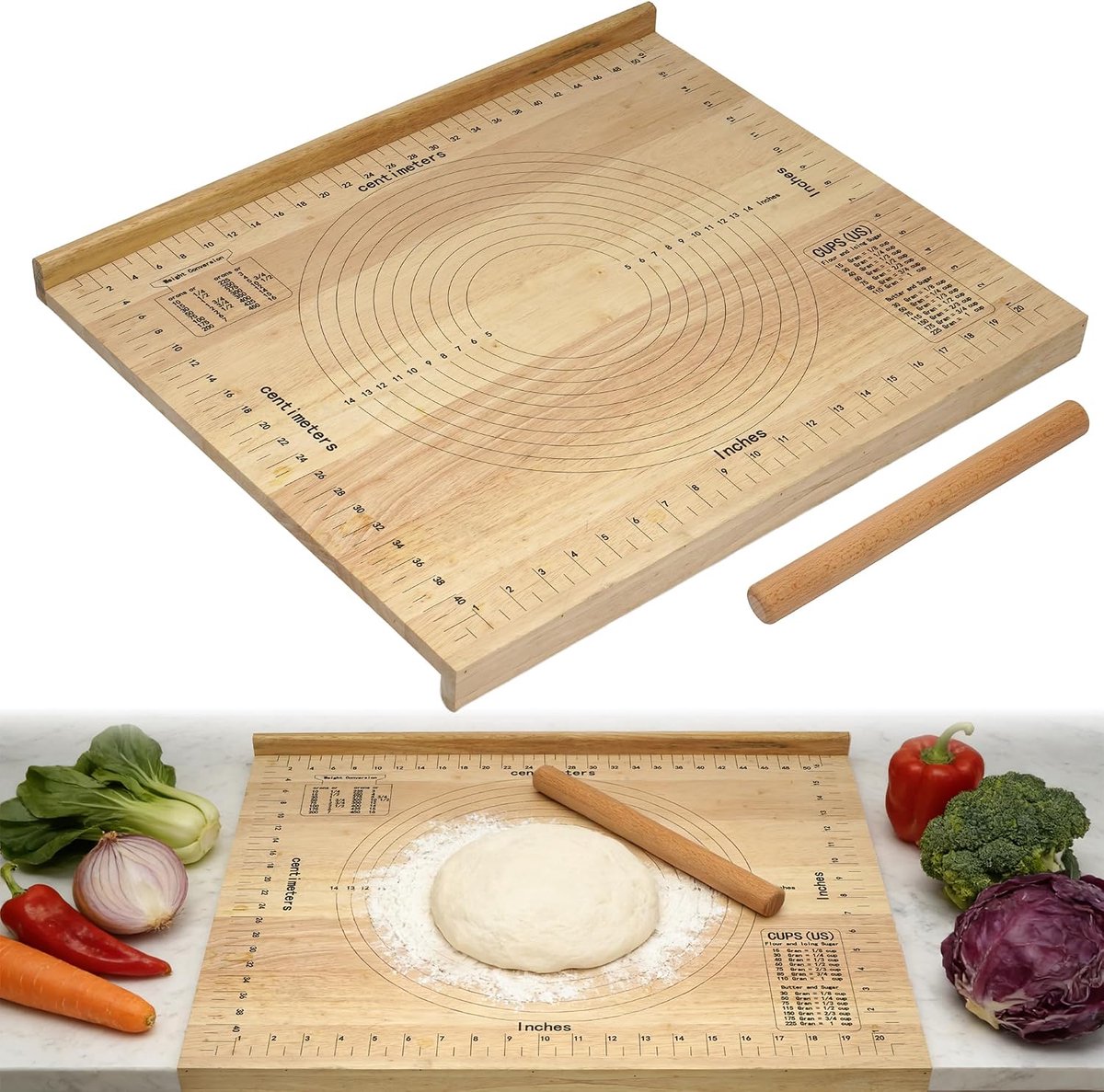 snijplank met schaallijnen, 50 x 60 cm x 1,5 cm, broodplanken met deegroller van hout, keukenplank met aanslagrand, ontbijtplanken voor werkblad, keuken, bar, restaurants