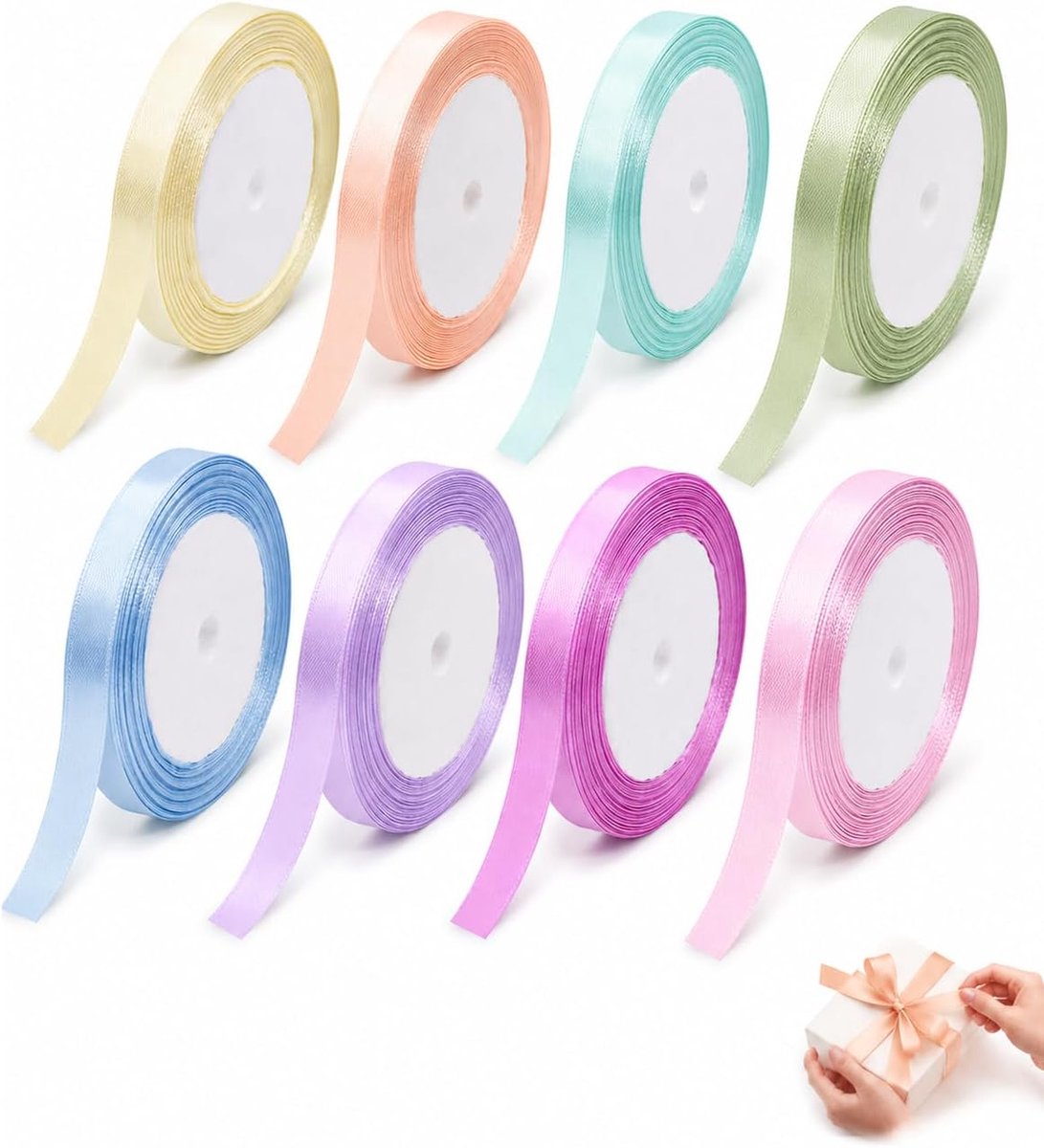 6 rollen satijnen lint 10 mm x 23 m champagne hemelsblauw paars geel groen voor doe-het-zelf bruiloft decoraties geschenkverpakking