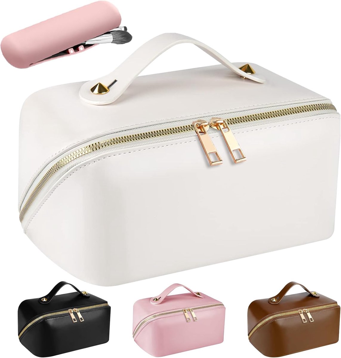 Make-uptas, grote capaciteit, reis-make-uptas, reis-make-uptas, waterdicht, leer, draagbaar, make-up organizer tas met scheidingswanden, platte make-uptas voor vrouwen