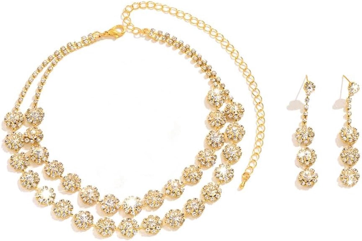 Kristal sieradenset dubbellaagse halsketting oorbellen dames strass sieraden bruiloft bruidssieraden elegant