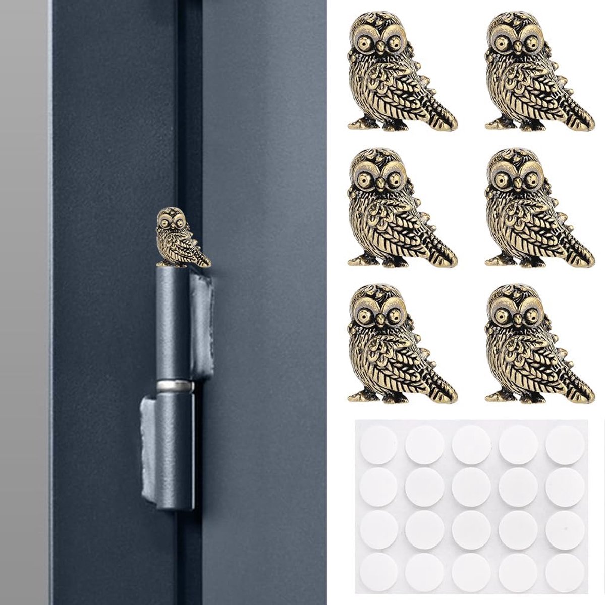6 stuks vintage messing uilen scharnierkoppen decoratieve topper met lijm, schattig dierenstandbeeld deur scharniertoppers miniatuur beeldjes voor kast lade tafel plank thuiskantoor decoratie