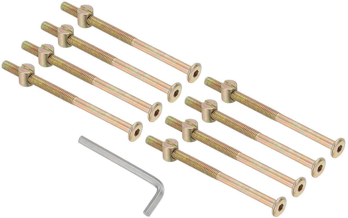 M6 x 100 mm stapelbed schroeven 8 stuks zeskantaandrijving cilinderkopschroeven schroeven en moeren assortiment met 1 stuk moersleutel voor meubels bed zinkkleur