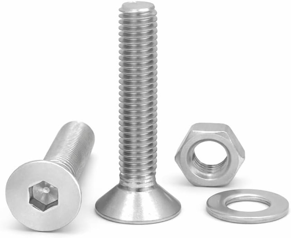 Inbusschroeven met verzonken kop, roestvrij staal (AISI 304), inclusief 20 schroeven met 20 moeren en 20 sluitringen (60 stuks) schroeven met volledige schroefdraad (M6 x 25 mm)