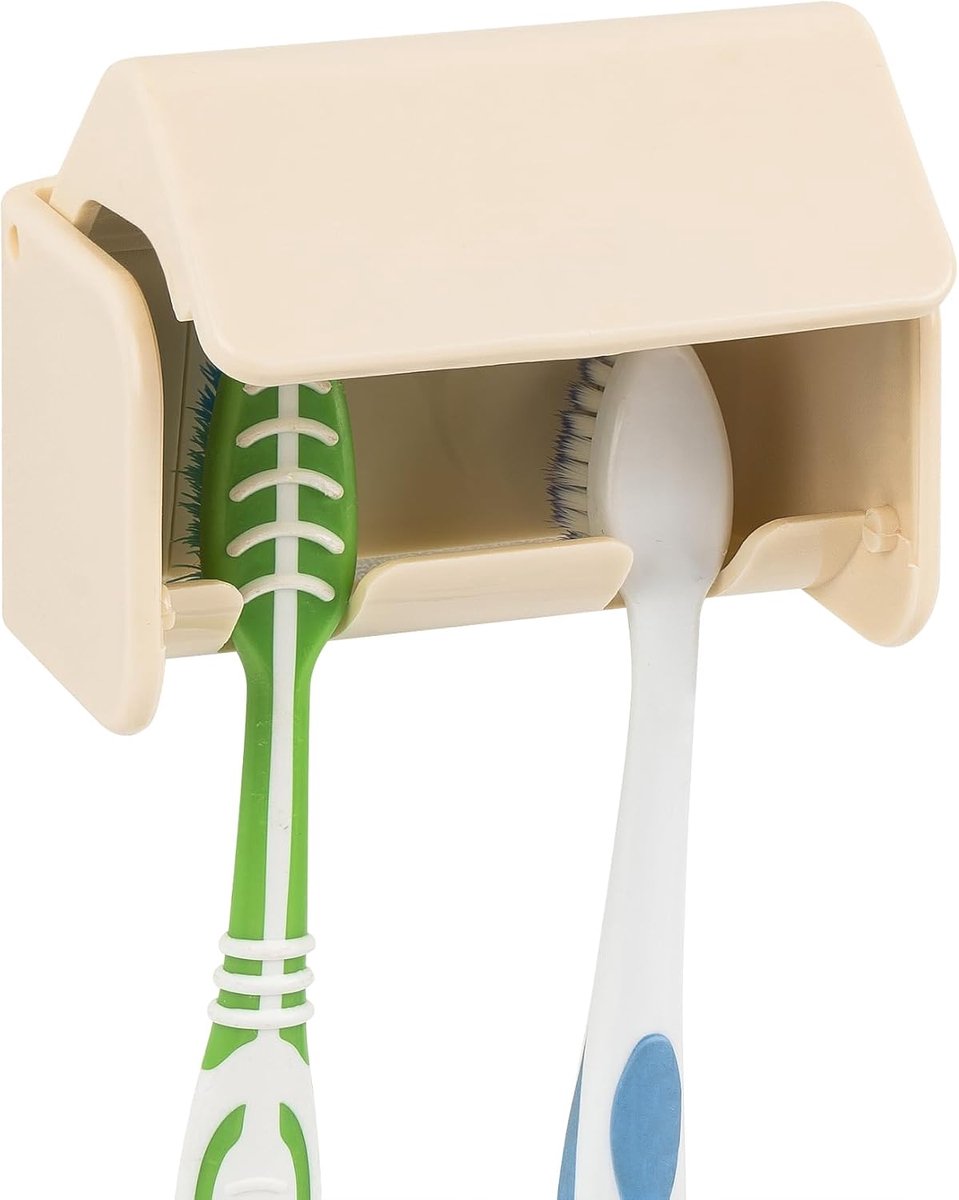 Wandmontage tandenborstelhouder met deksel, 2 sleuven plastic zelfklevende borstelhanger voor douche, compatibel met Oral-B CrossAction, Colgate Renewal, Reach Essentials (Romig)