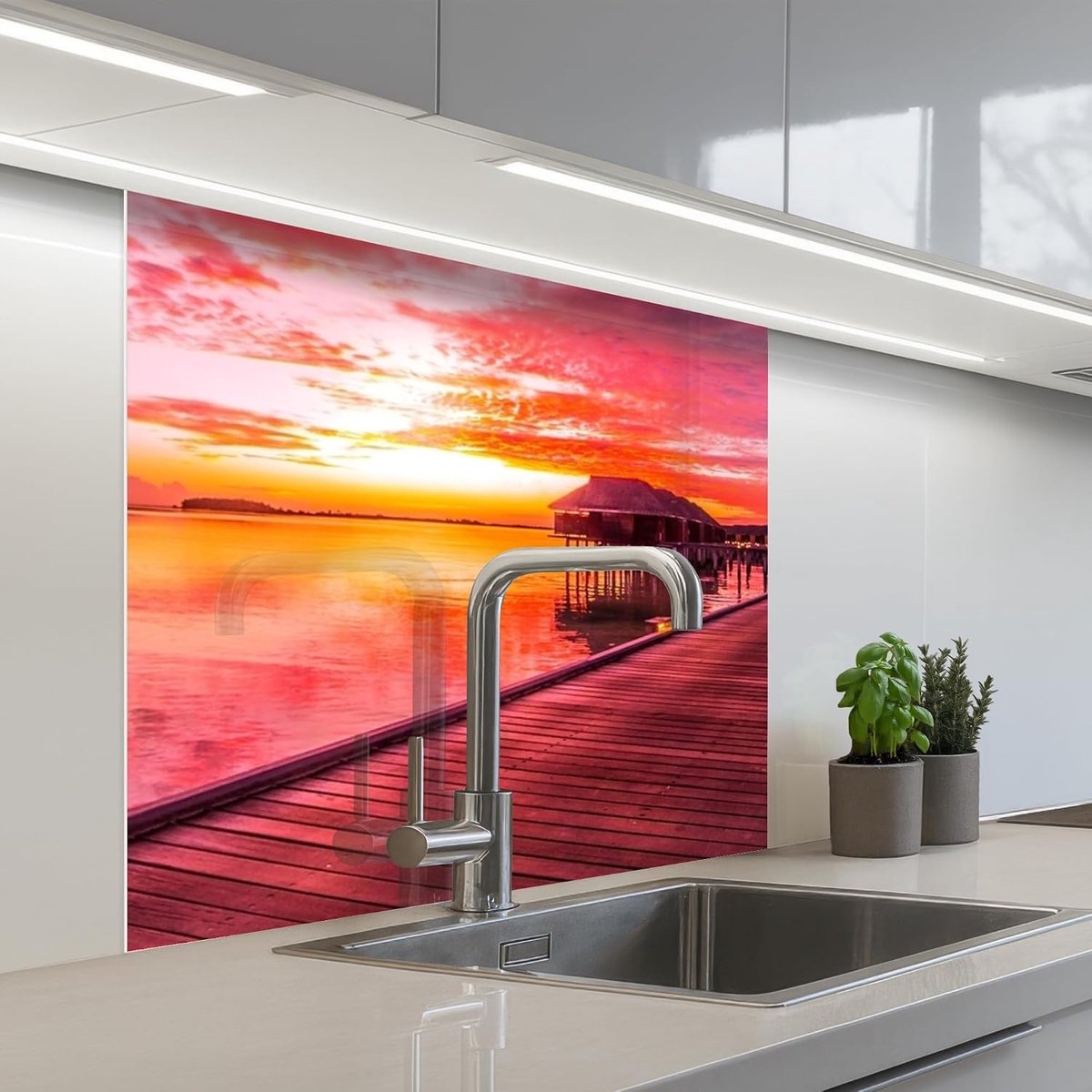 Keukenachterwand 80x80 cm zelfklevend keuken decoratie accessories home kitchen spatscherm Steiger - Water - Zon - Roze - Horizon