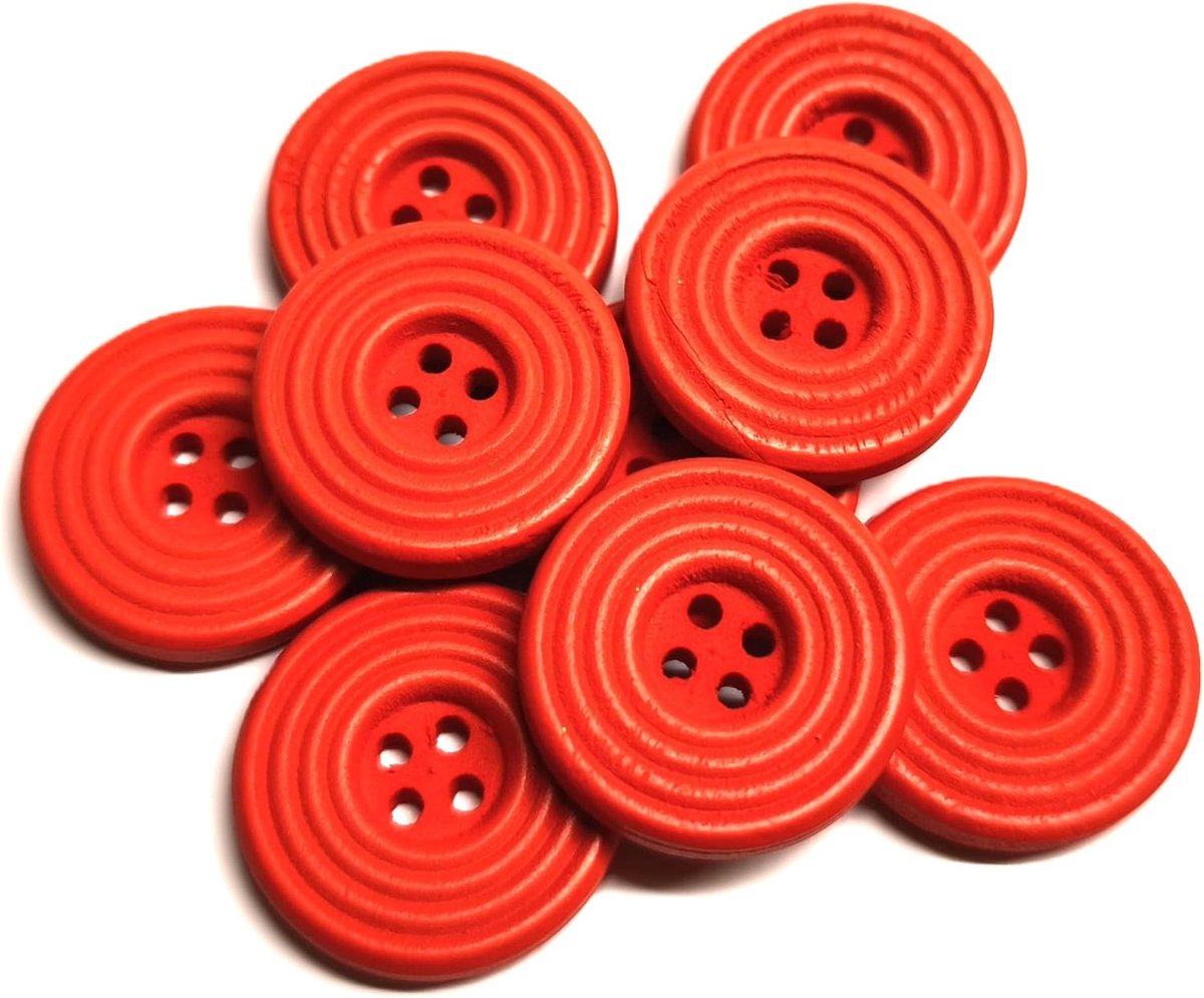 Knopen 25 mm (2,5 cm) rood rond ribbelpatroon knopen met vier gaten van 2 mm per gat - 4-gaats knopen met groeven voor het naaien naaien knutselen knutselknopen jasknopen mantelknopen