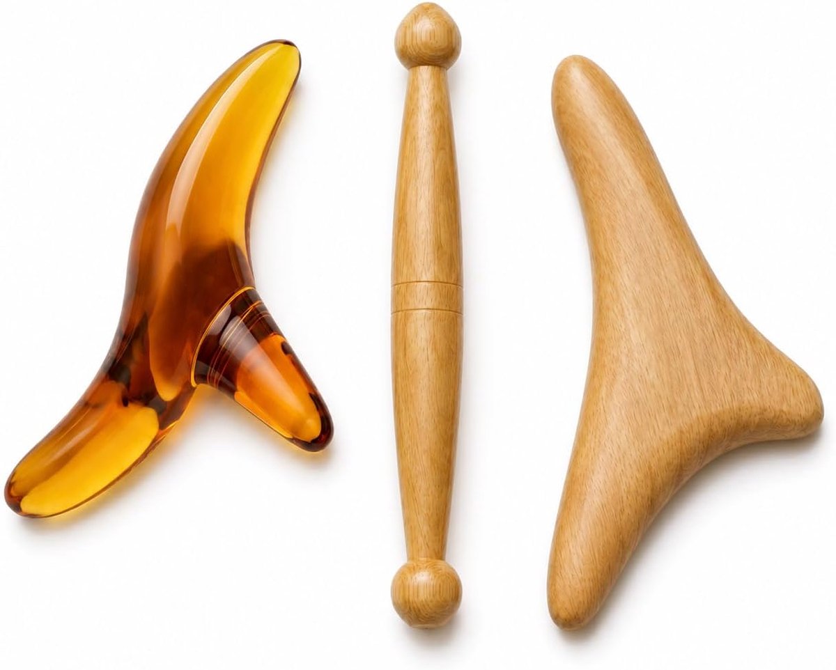 Sha Set van 3 stuks Gua Sha van hout voor massage, lichaam, Gua Sha driehoek, trigger point, houten gereedschap voor rug, nek, schouders en benen, lipedem-massageapparaat