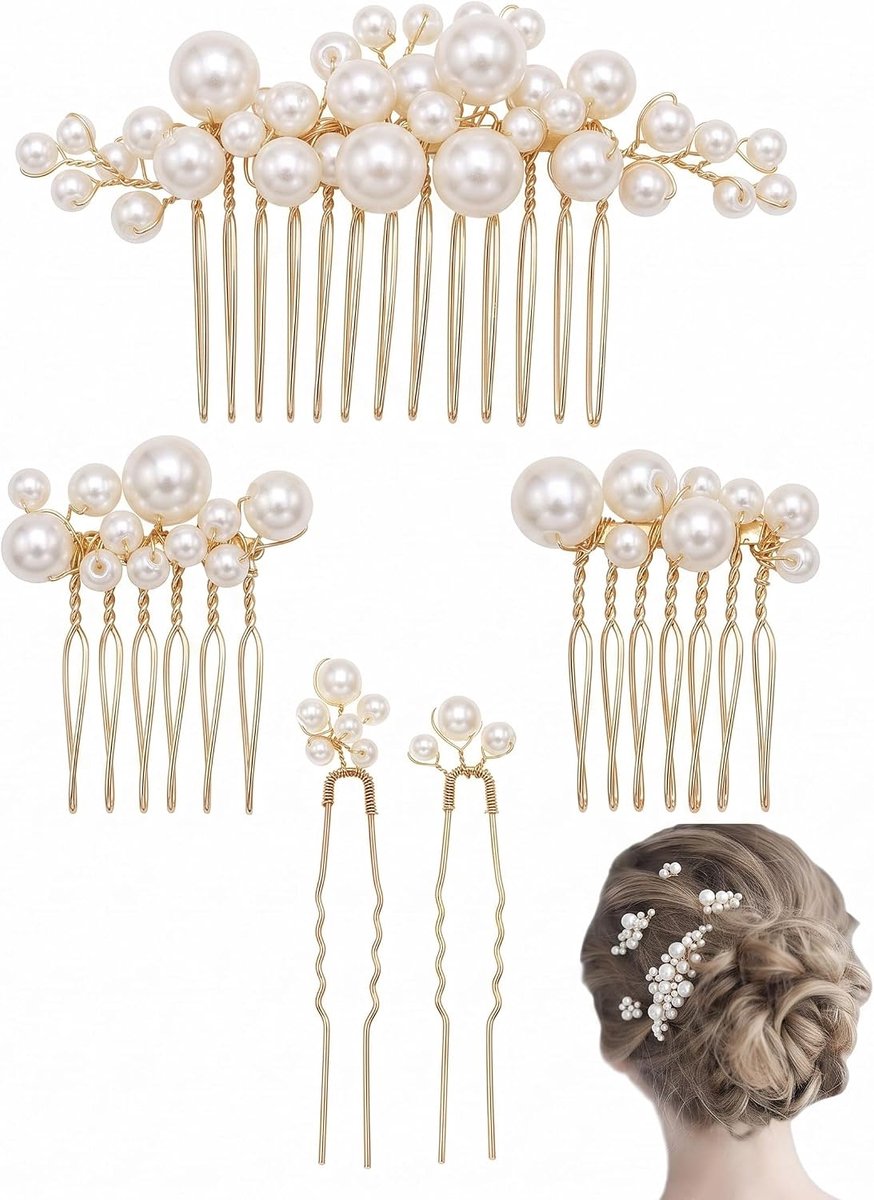 Set van 5 parels, haaraccessoires voor bruid, gouden haarkam en U-vormige haarspelden met bloemen, elegant hoofdsieraad voor bruiloft en staatsburg, veilige grip in opgestoken kapsels