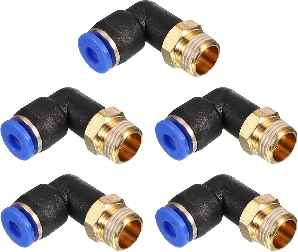 1/8 "Push to Connect Fitting, 5-pack PT buitendraad 90 graden aansluiten 4 mm buizenelleboog en rechte combinatie luchtbuisfitting pneumatische snelkoppelingsadapter, blauw
