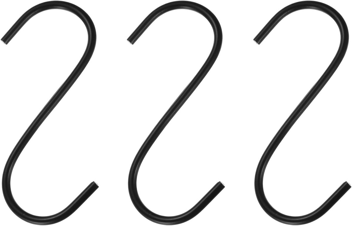 3 stuks lange S-vormige haken, 10 cm, van metaal, extra lang, van mangaanstaal, S-vormig opberggereedschap voor keuken, tuin, badkamer, garage, kast, zwart