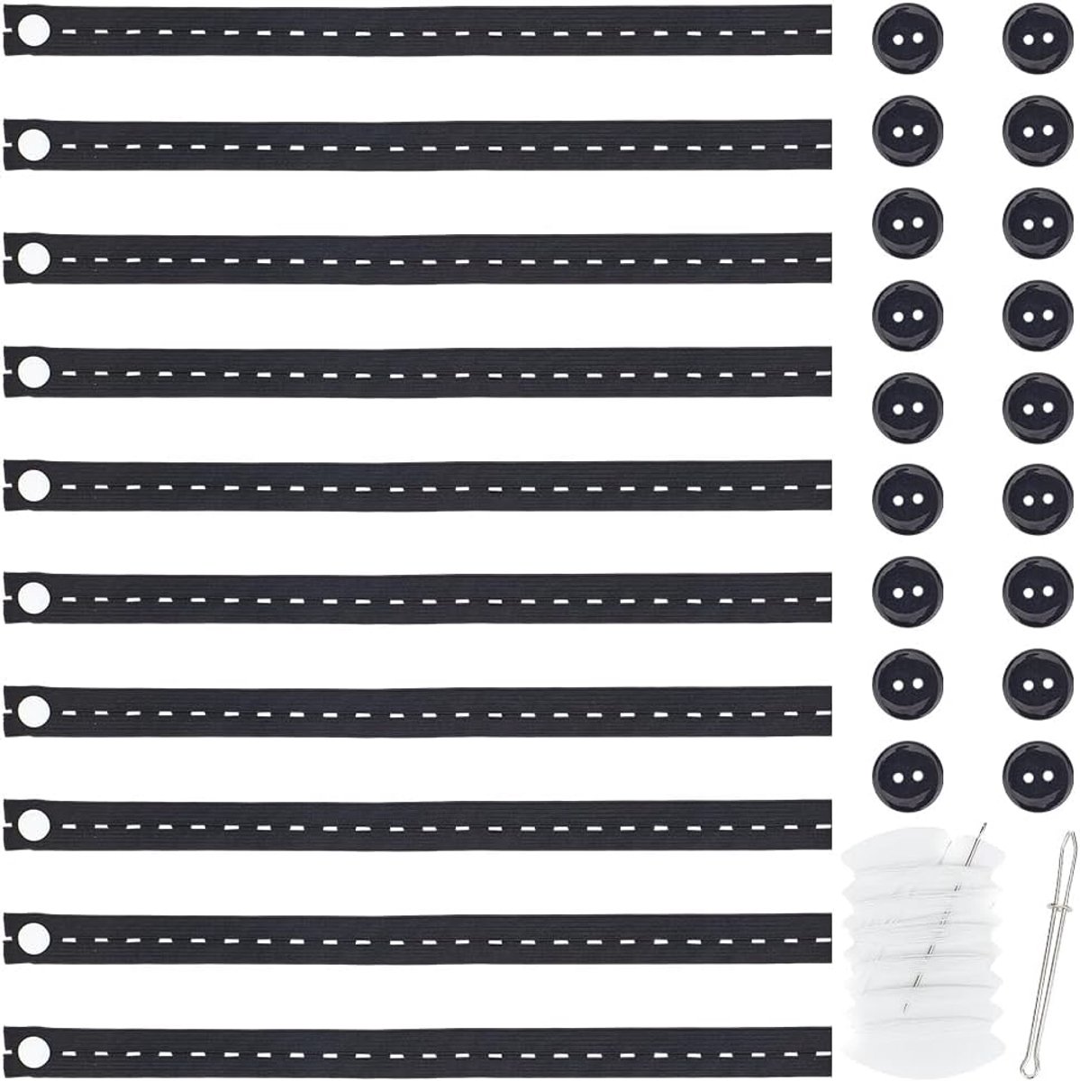 1 Doos 10Pcs Zwart Verstelbare Jean Pant Elastische Tailleband Broek Knoopsgaten Band Rekbare Taille Extender Tightener Tool Set met Knoppen Clip Draad Naald voor Doek Jeans Decor