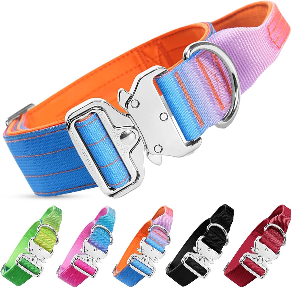 hondenhalsband, verstelbare militaire nylon hondenhalsband met stevige metalen gesp, zachte gewatteerde comfortabele halsband, met handvat, voor middelgrote en grote honden (oranje