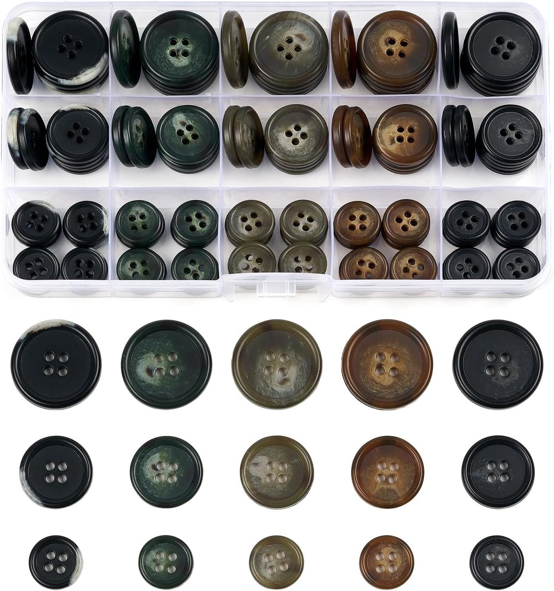 Knopen, 5 kleuren, knopen met 4 gaten, 3 maten (15 mm, 20 mm, 25 mm), naaiknopen voor kleding, geschikt voor doe-het-zelf knutselwerk, jassen, overhemden, broeken, shorts