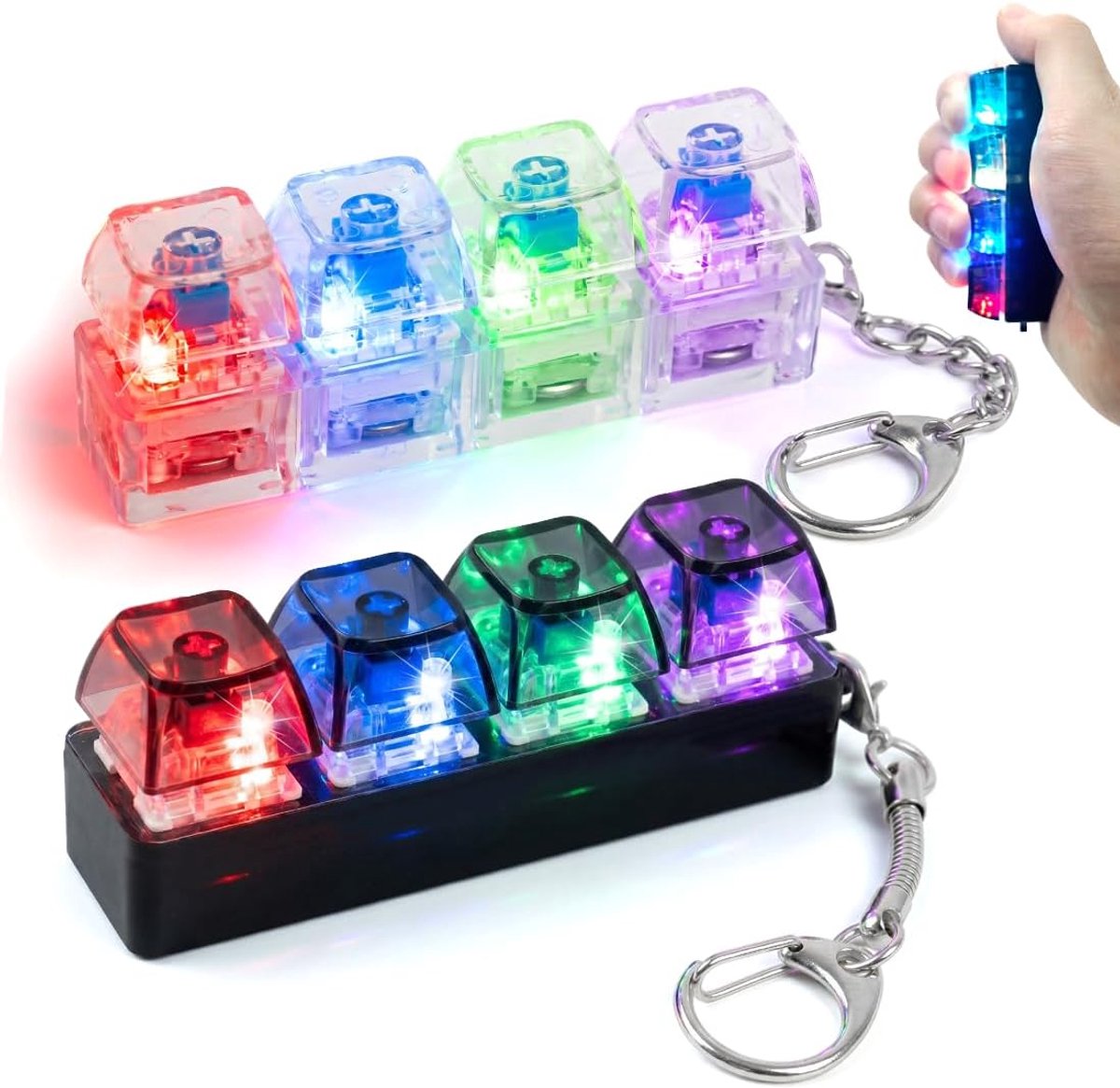 2 stuks toetsenbord fidgetspeelgoed, mini-toetsenbord met 4 toetsen met licht, keyboardsleutelhanger, clicker keyboardhanger, led als stressverminderend speelgoed, ADHS speelgoed