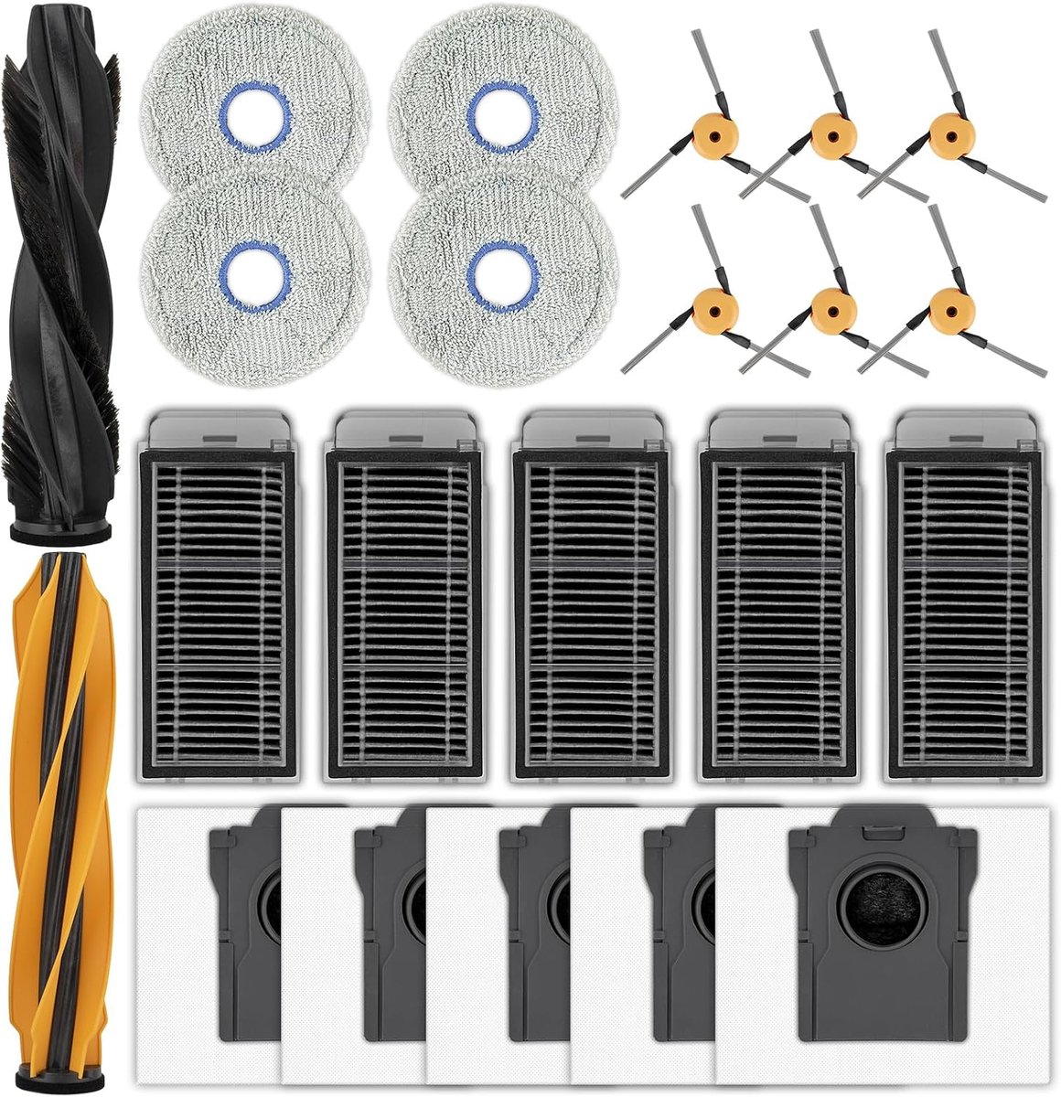 (22 stuks) L60 Pro Ultra vervangende onderdelen compatibel met Dreame L60 Pro Ultra robotstofzuiger, 2 rolborstels, 4 dweilpads, 5 HEPA-filters, 5 stofzakken, 6 zijborstels, accessoireset