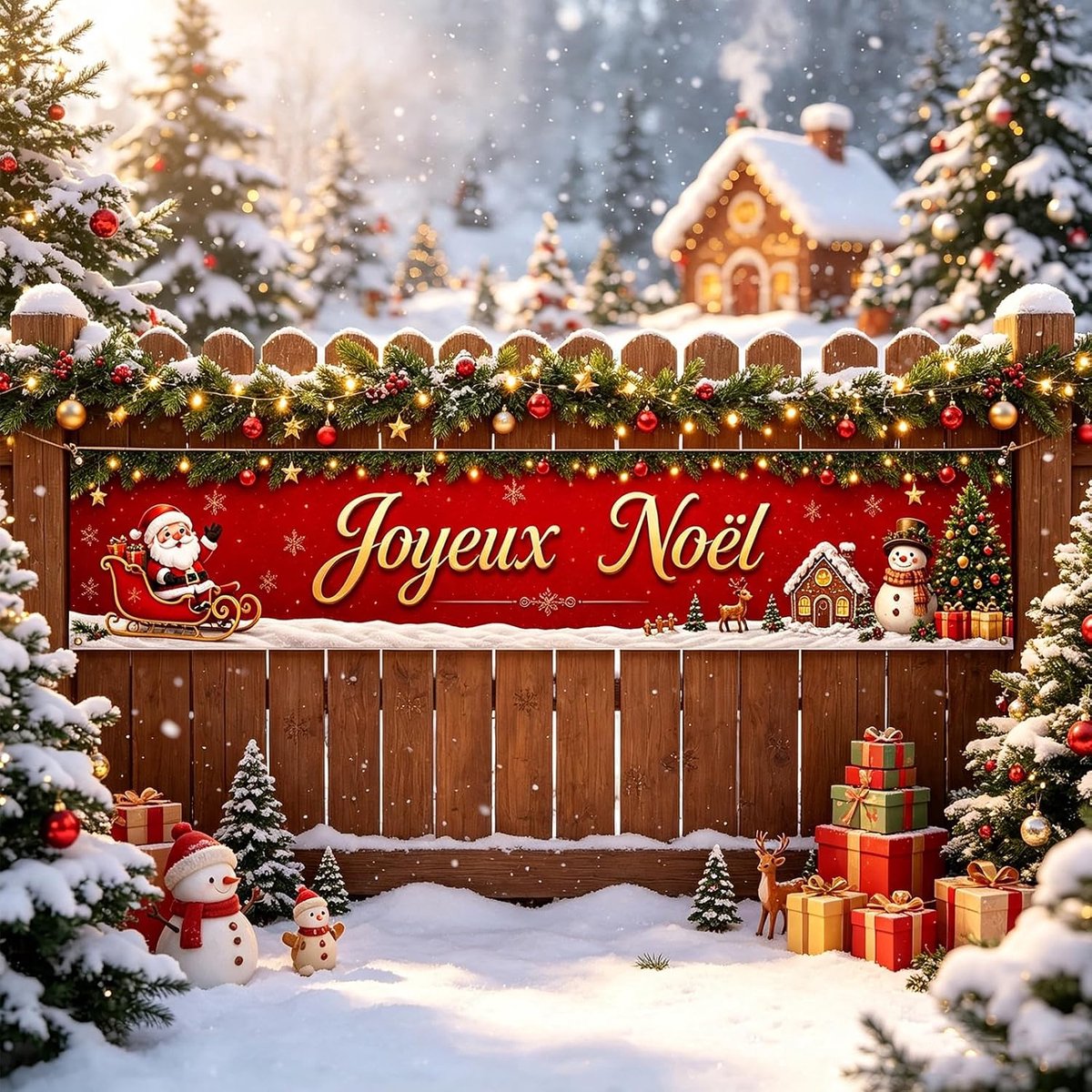 Kerstdecoratie voor buiten, banner vrolijk kerstfeest, 300 x 50 cm, kerstdecoratie, binnendecoratie, kerstdecoratie voor huis, tuin, hek, rood met kerstman, boom, sneeuwpop