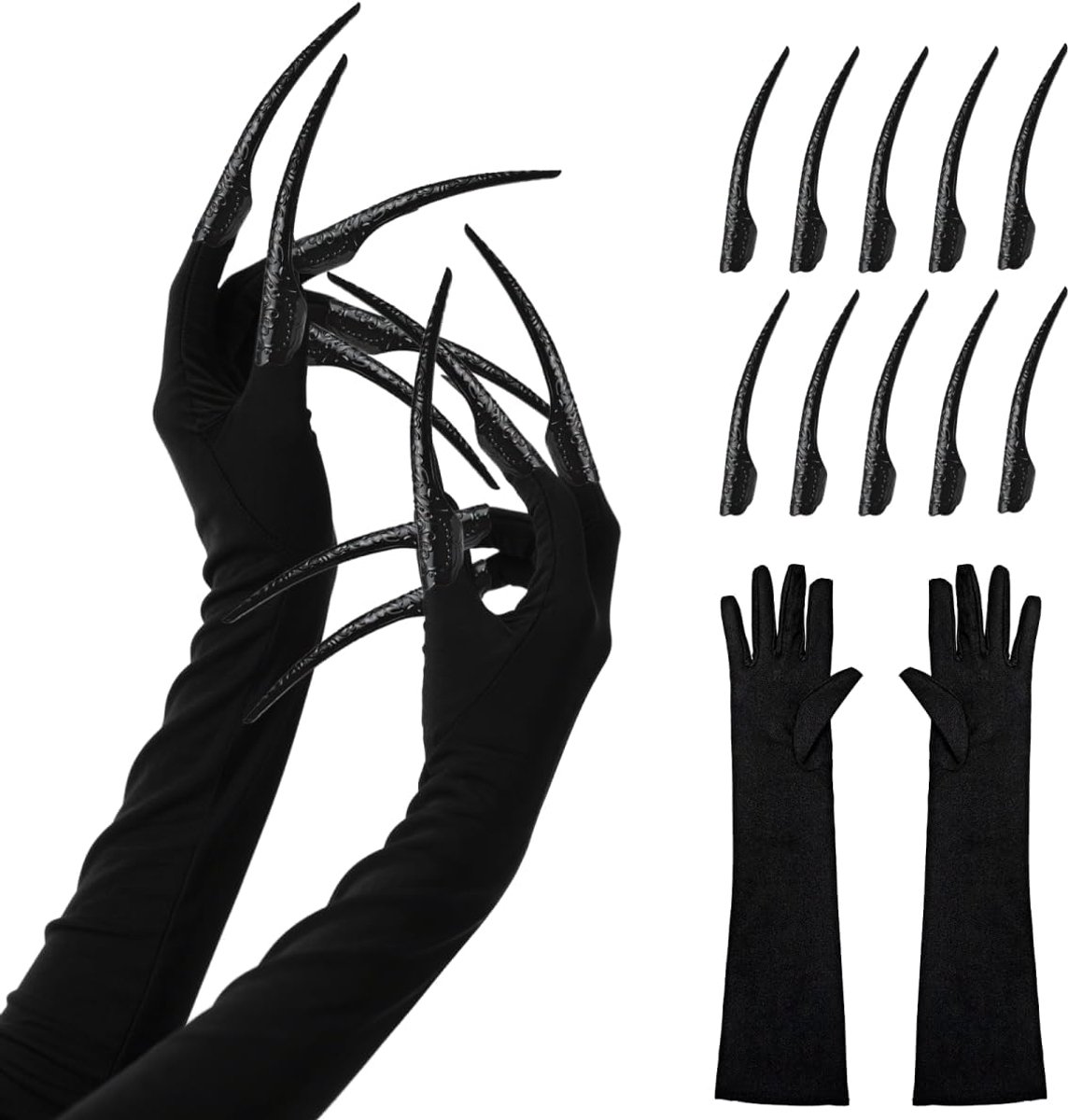 Handschoenen Lang Zwart, 10 Stuks Nagelringen, Lange Nagels Klauwen, Heksenhandschoenen Dames, Klauwhandschoenen, Halloween Kostuum Accessoires, voor Halloween Carnaval Cosplay