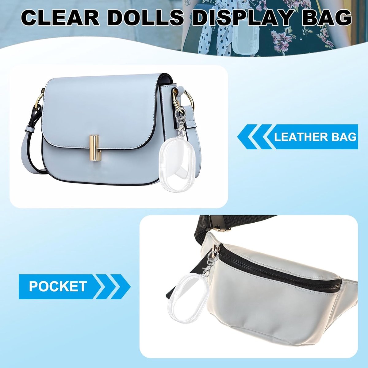 Presentatietas voor figuren, 2 stuks, transparant, met ketting, 9 cm, displaytas, poppen, pvc, draagbaar, kleine mini-pop, sleutelhanger, opberghanger, vierkant, zwart