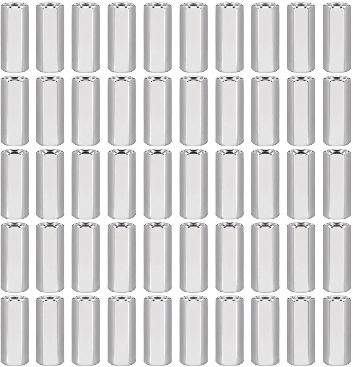 50 stuks M4 x 0,7 mm schroefdraadstijging, 15 mm lengte, zeskantige koppelingsmoeren, roestvrij staal 304, zilverkleurig, doorlopend gedraaid, schroefdraadbouten, verbindingsschroeven