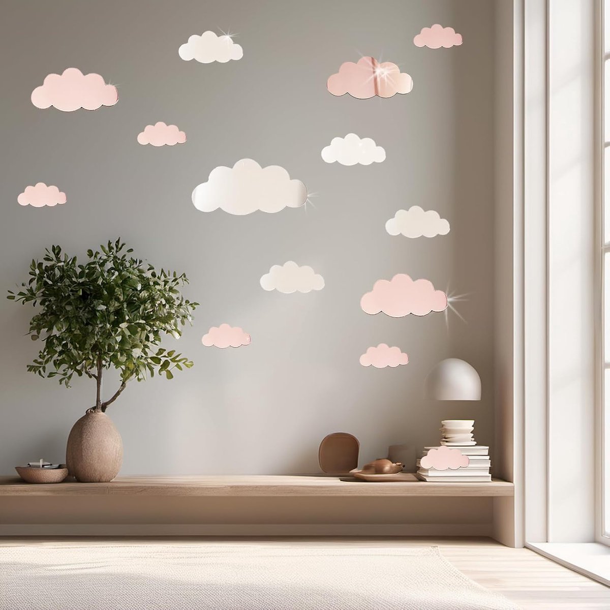 14 stuks wandtattoos, kinderkamer, wolken, wandstickers, spiegel, muursticker voor meisjes en jongens, woonkamerdecoratie, wolkjes, hemelsticker, zilver
