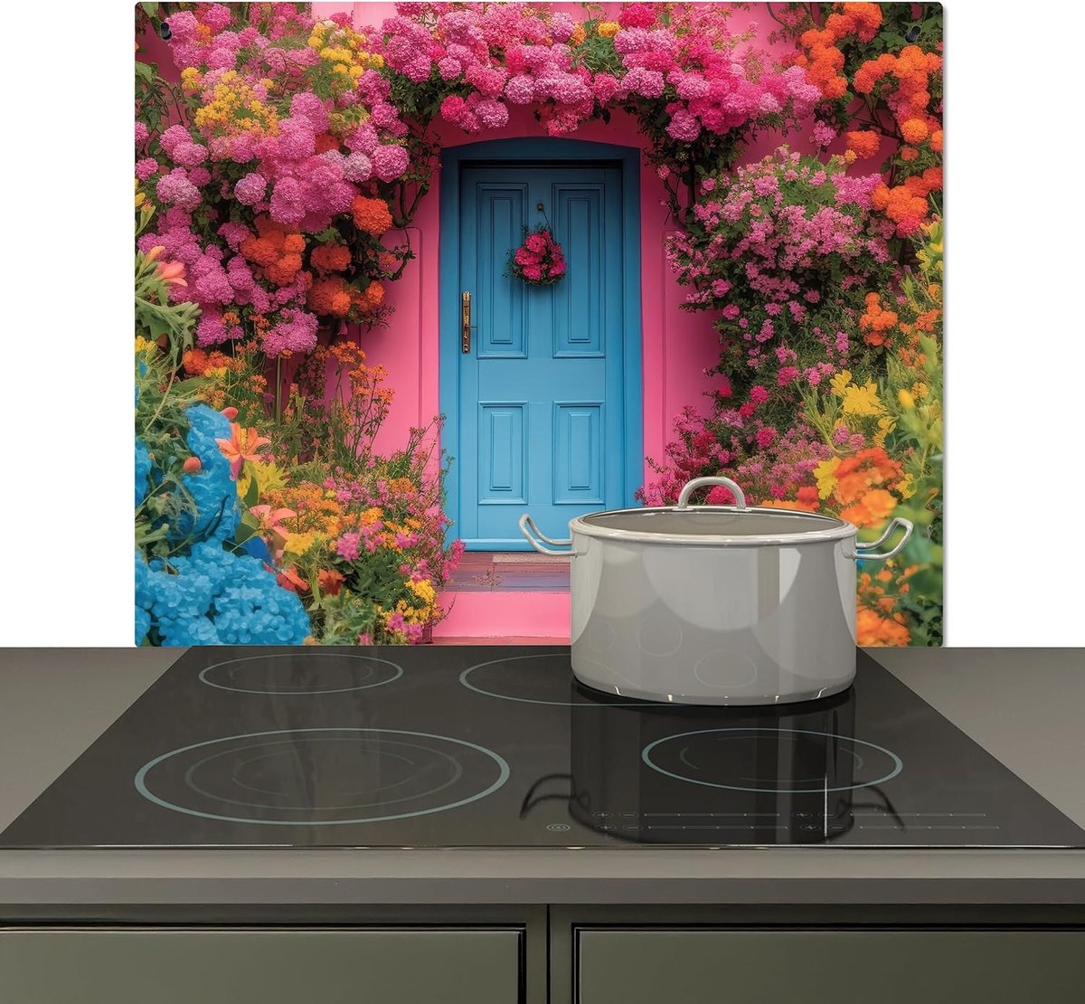 Spatscherm Keuken 51.6x57.6 cm Kookplaat Achterwand Beschermer Muur Spatwand Fornuis Aluminium Hittebestendig - Bloemen - Deur - Roze
