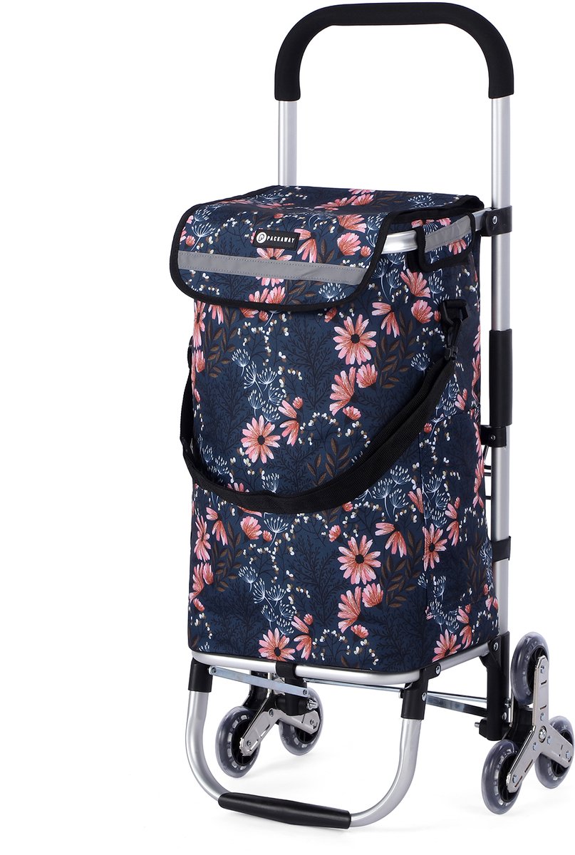 Packaway Boodschappentrolley met Trapwielen 40 Liter - Opvouwbare Boodschappenwagen met ruim Koelvak - Japanese Flower