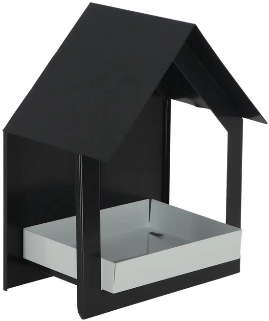 Zwart metalen vogelvoederhuisje in huisvorm, open voorkant met lichtgrijs bakje.