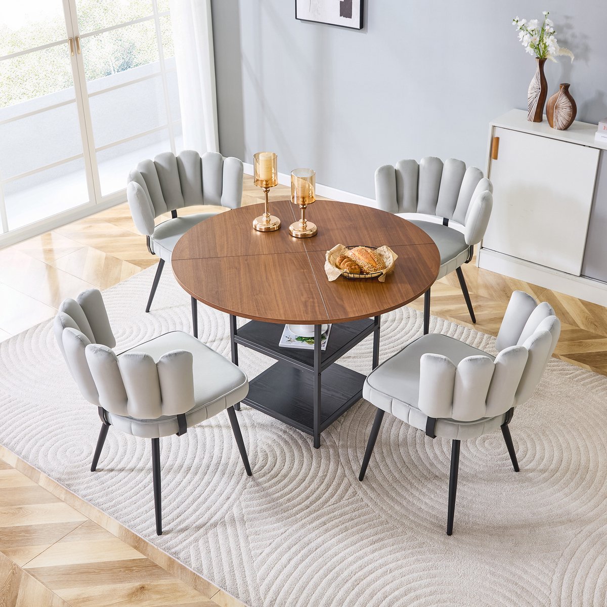 MODFU Set Tafel En Stoelen - Rond - Walnootlook - Lichtgrijs - 4 Stoelen - Metaal