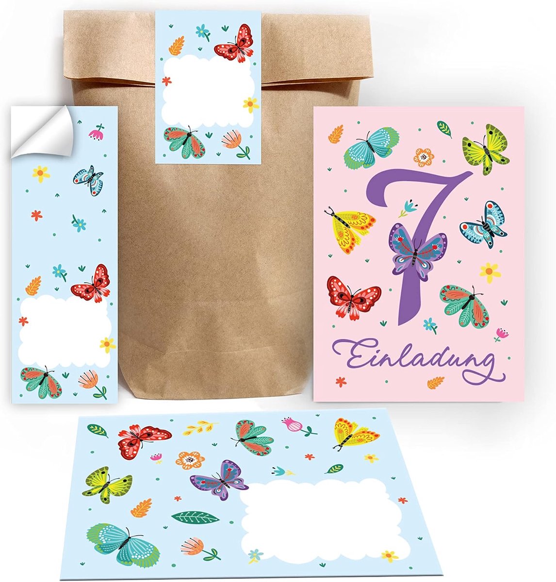 uitnodigingskaarten 7e verjaardag meisje - vlinders - inclusief enveloppen en stickers - modern en gedetailleerd - ShopVlot