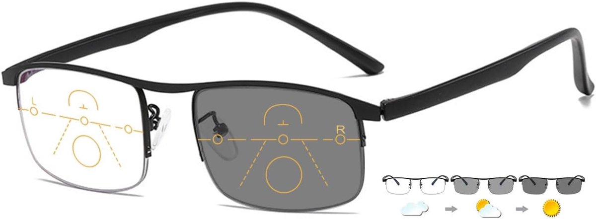 Leesbril, voor dames en heren, zelfkleurend, progressief, multifocus, halfbrandend blauw lichtfilter, zonnebril, leeshulp, zichthulp