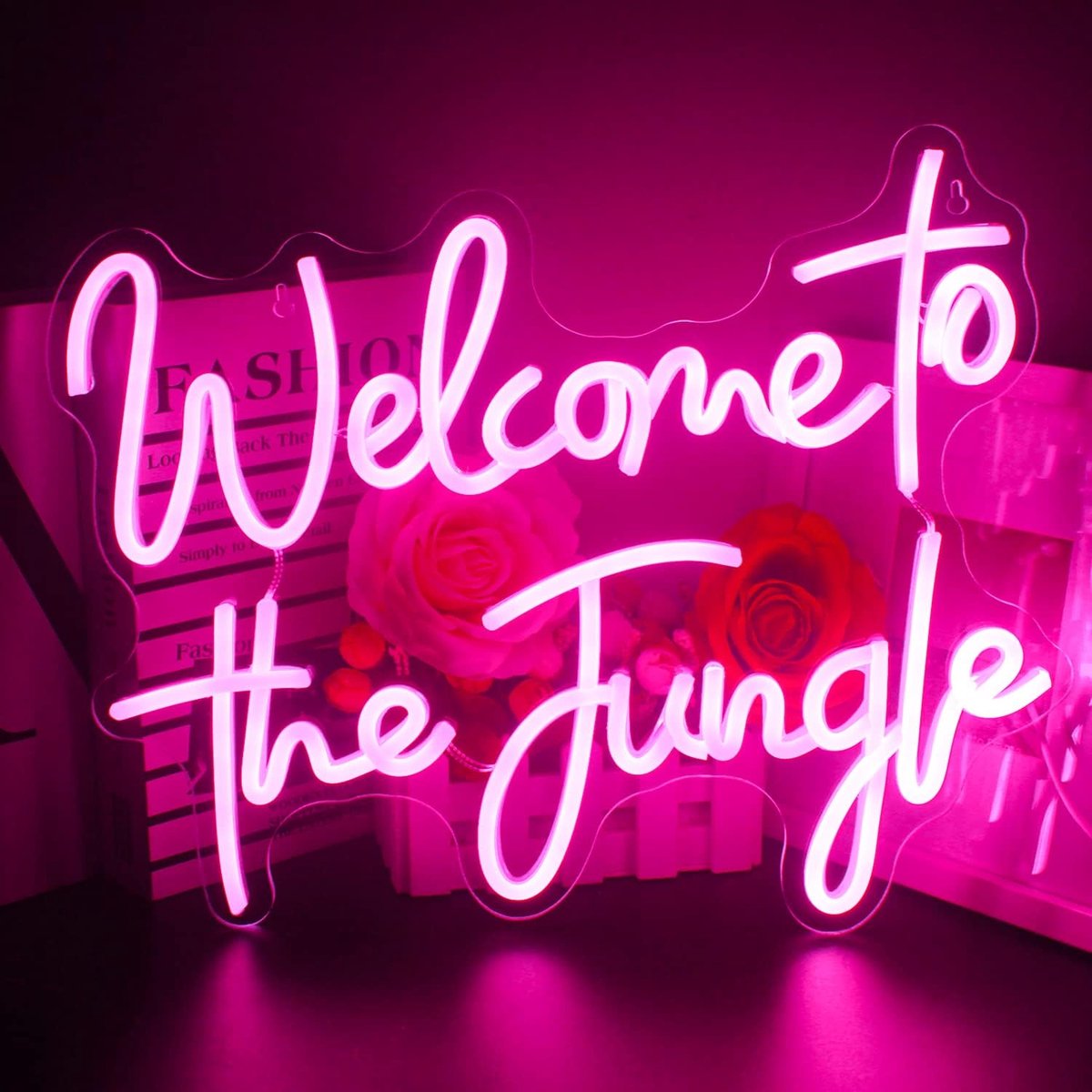 Welcome to the Jungle neonbord, roze led-lichtreclame, letter jungle, neonlicht voor wanddecoratie, USB-lichtbord voor slaapkamer, thuis, bar, raam, tuin, bruiloft, feest