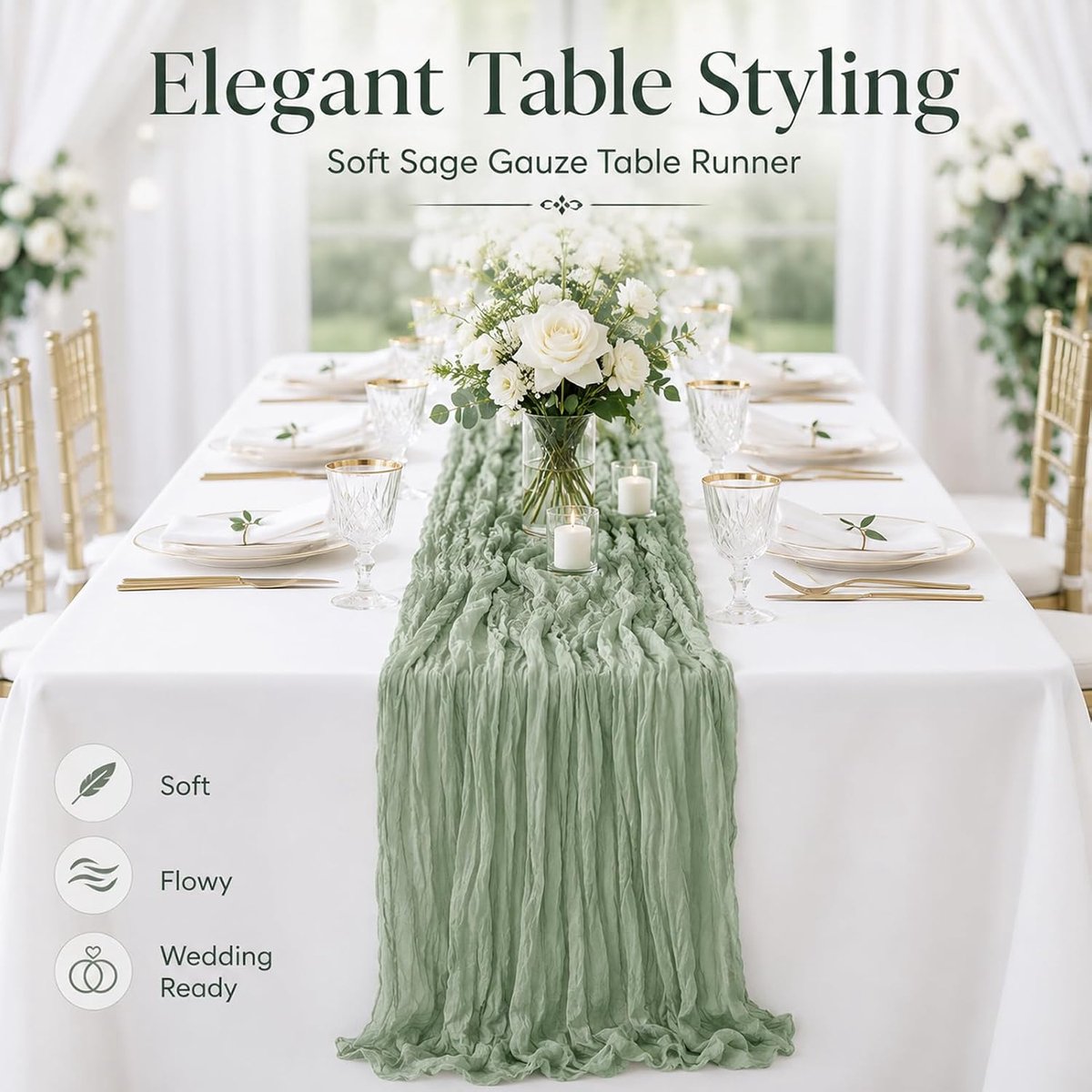 Tafelloper 90 x 300 cm - Mousseline - Saliegroen - Elegante decoratie voor bruiloften - SnelShoppen