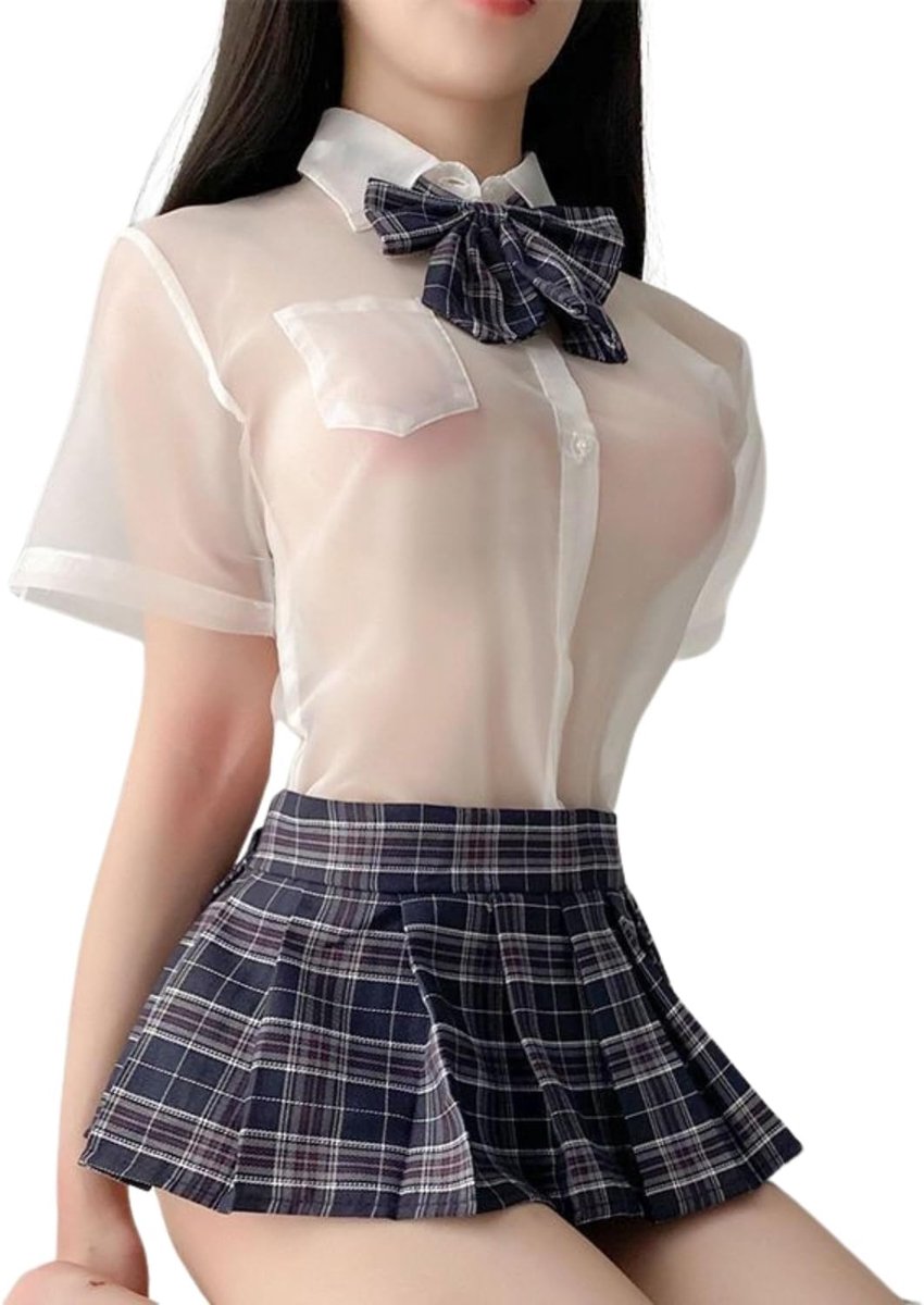 Lingerieset voor dames, schoolmeisje, doorzichtig hemd + minirok, plooirok, schoolmeisje, JK uniform, sexy lingerieset, anime, mini-lingerie, Halloween, voor XS-M