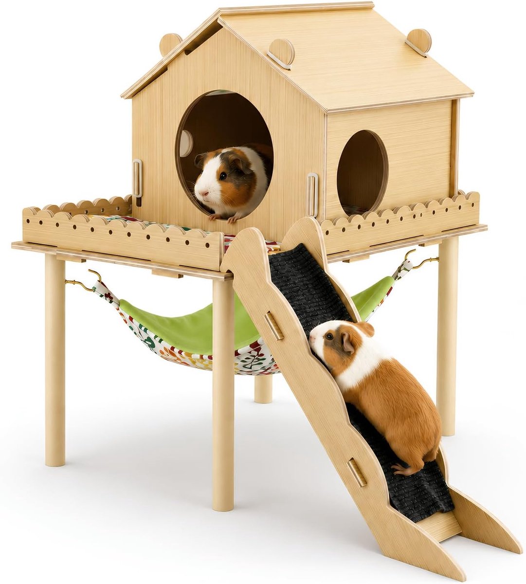 3-in-1 cavia-huis, hamsterhuis met platform, trap, helling en schuilplaats, accessoires voor kleine dieren met hangmat, geschikt voor konijnen, dwerghamsters, gerbillen, degus, 60 x 52 x 34