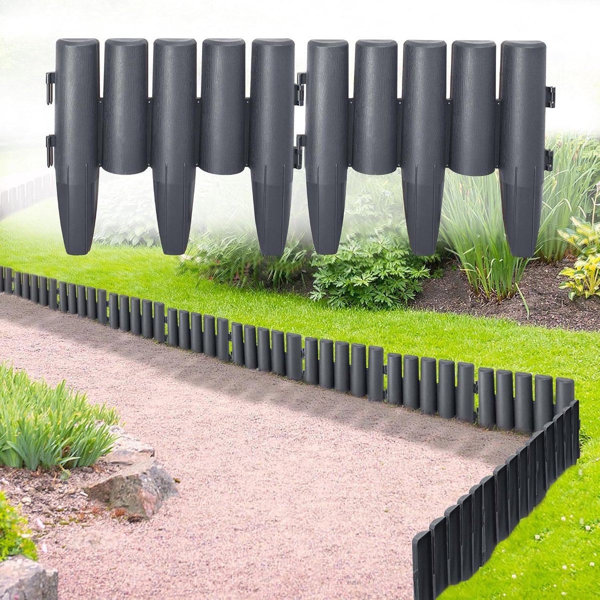 Gazonrand, bloembedrand, kunststof perkbegrenzing, maairand, imitatiehout, flexibele gazonrandband, tuinpalissade, 15 cm hoog (11,2 m antraciet)