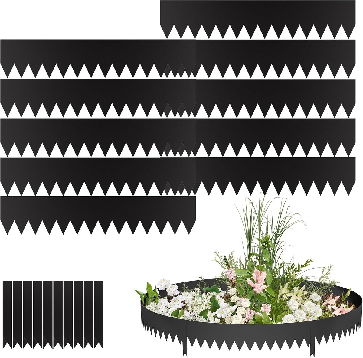 20 cm hoog verzinkt staal, bloembedomranding met spikes, 10 stuks, 100 cm maairand, wortelblokkering, palissades, metalen gazonrandband voor paden, gazons (zwart)