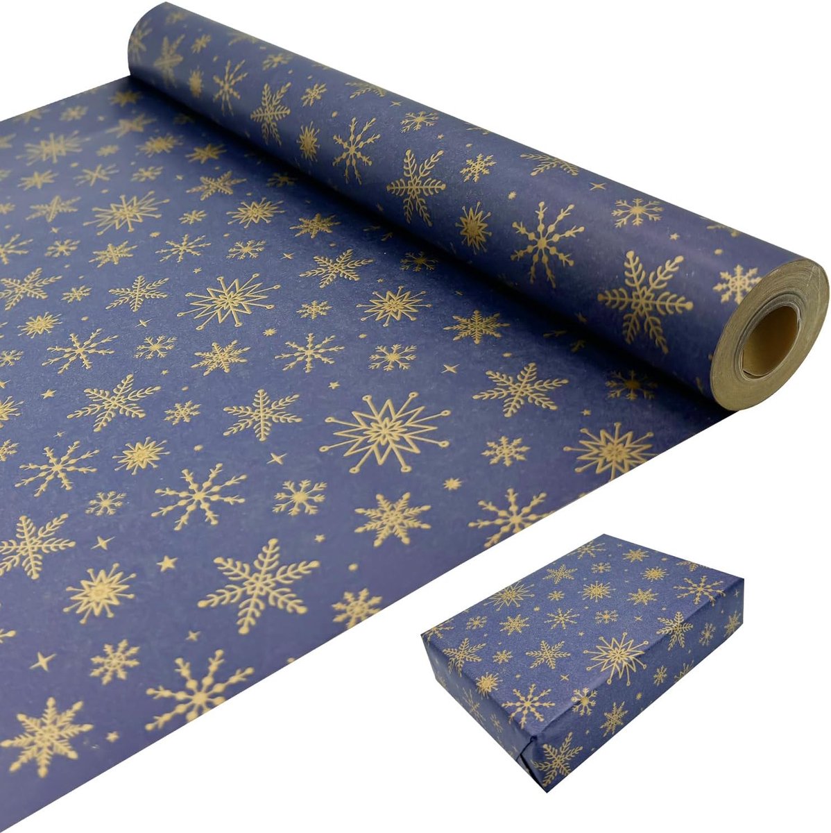 Cadeaupapier voor Cadeauverpakking: Blauw Kraftpapierrol met Gouden Sneeuwvlok 43cm x 15M Rekupereerbaar Inpakpapier