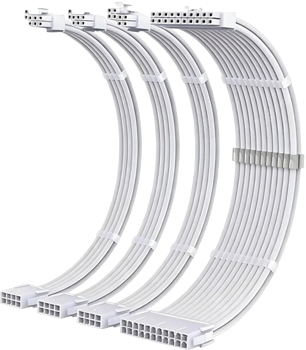 PSU-kabelverlengset, met ommanteling voor PC/GPU/CPU, 18AWG witte PSU-verlengkabelset, 24 x 1 + 8 (6 + 2) pins, 2 x 8 (4 + 4) pins, 1 kabelmanagement, pc-voeding, verlengkabel 30 cm